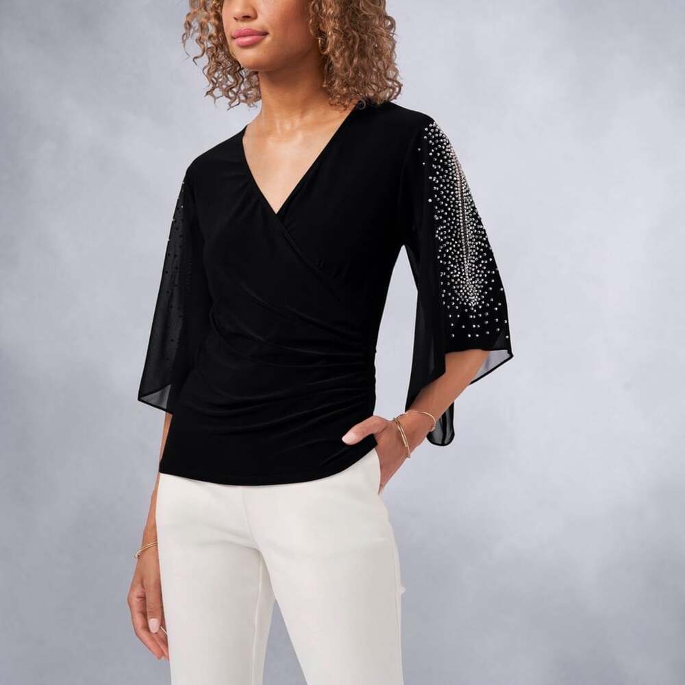 Chaus Embellished Split Sleeve Surplice Blouse (Women) Small